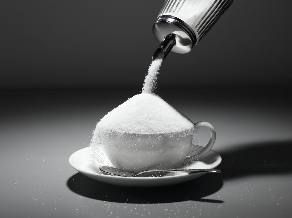Sugar being poured into tea cup, close-up