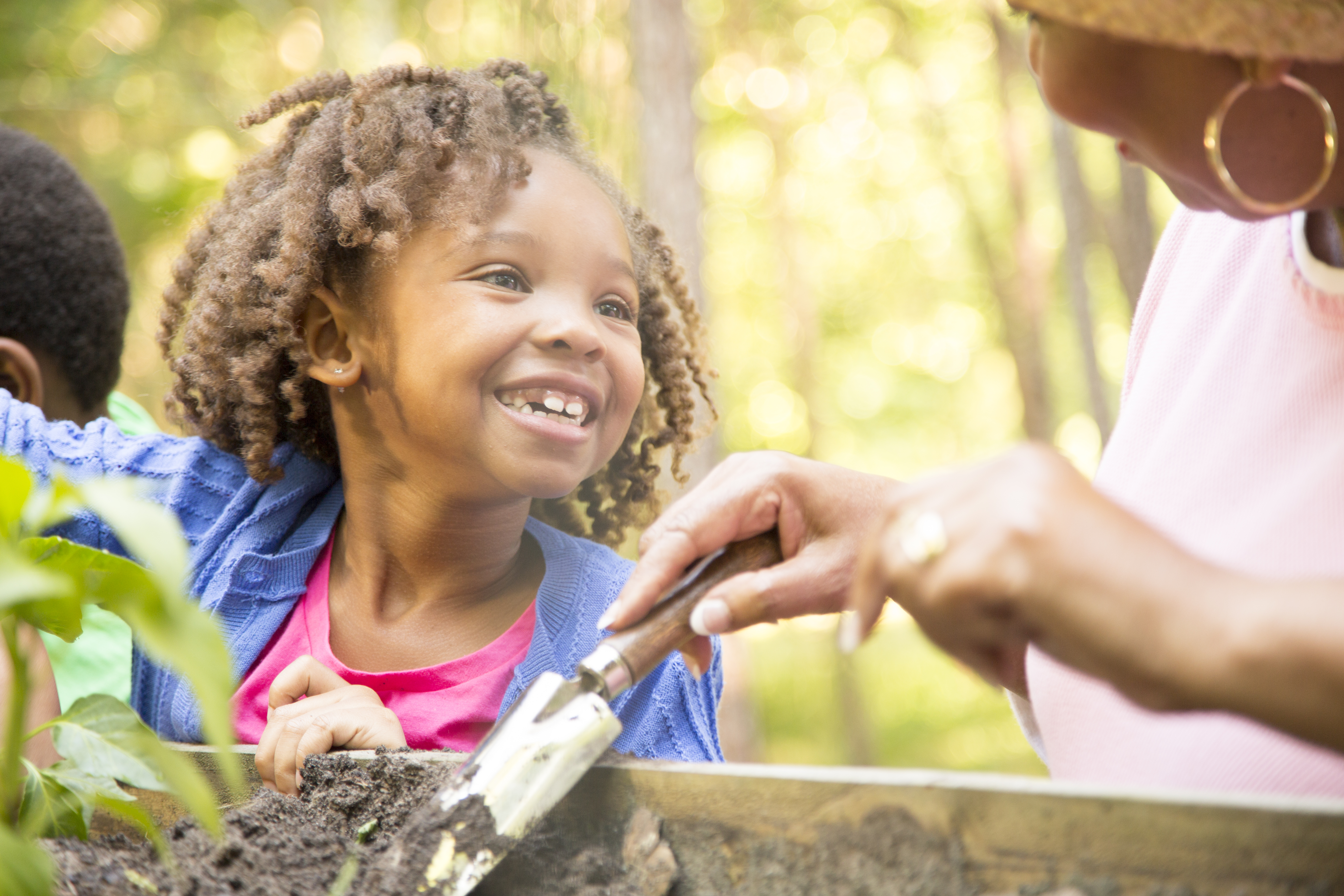 Grandmother and children gardening outdoors in spring.