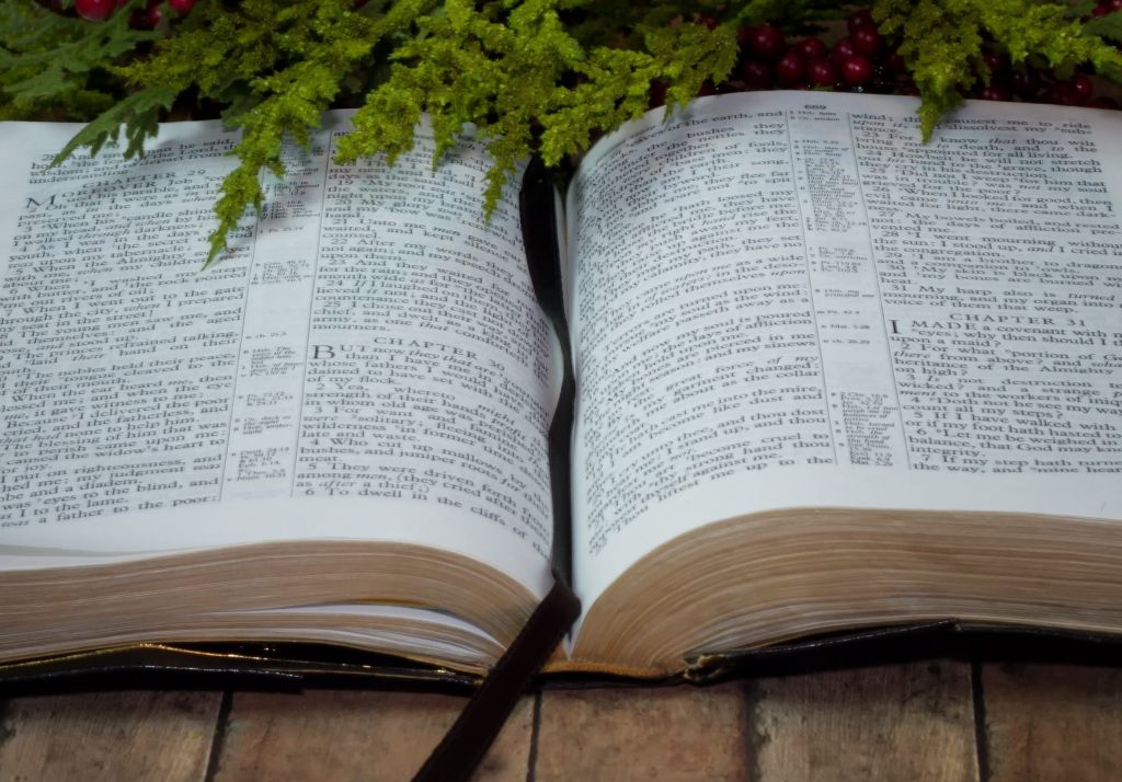 Opened Holy Bible with Christmas Garland on wood plank board