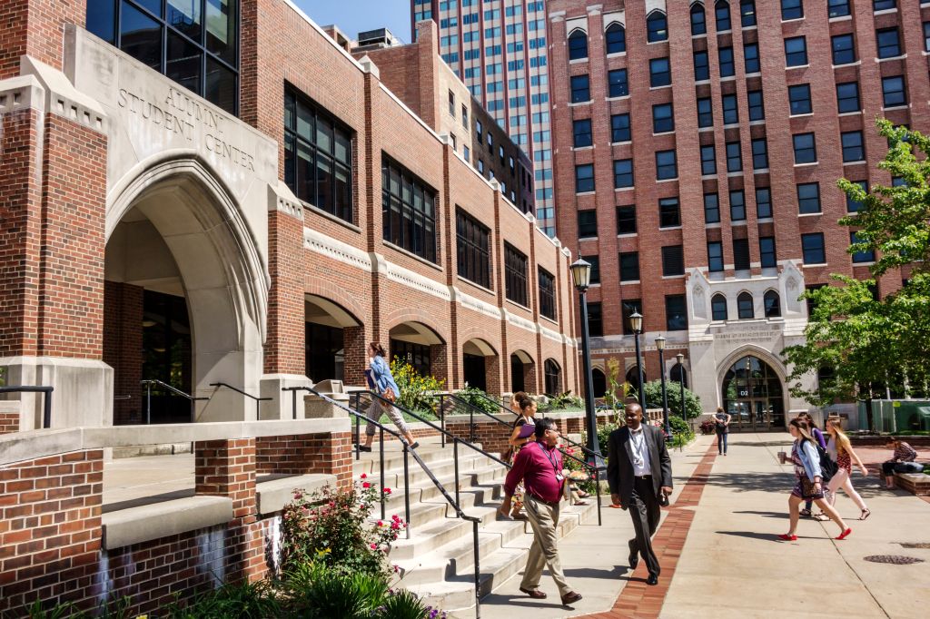 Students outside the Moody Bible Institute, Christian college.