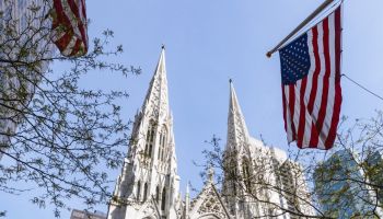 USA, New York State, New York City, St Patricks Cathedral seen across street