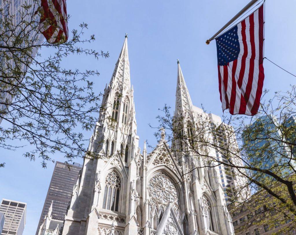 USA, New York State, New York City, St Patricks Cathedral seen across street