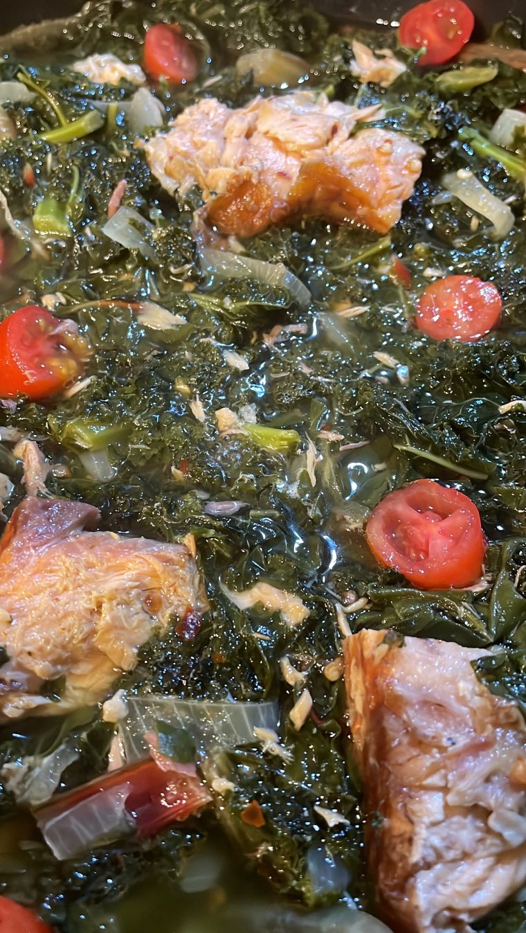 Braised Kale and Collard Greens with Smoked Salmon Steaks