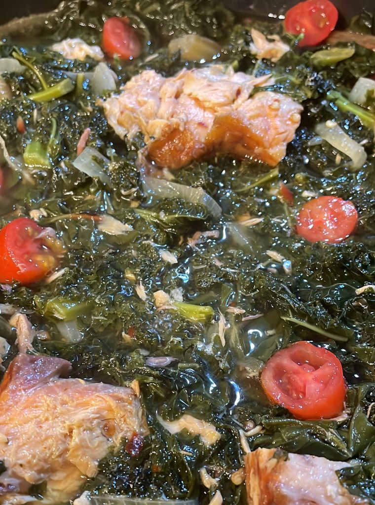 Braised Kale and Collard Greens with Smoked Salmon Steaks