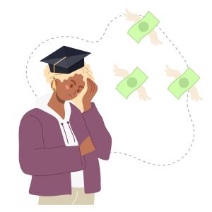 Student with money troubles. Upset guy has no money. Finance problems concept. Vector illustration in cartoon style
