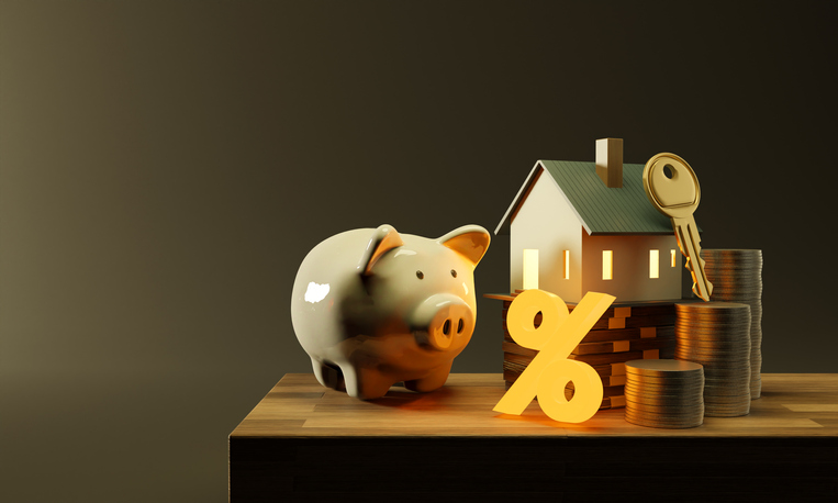 Percentage nvestment house and piggy bank with a lots of money. Real estate business mortgage investment and financial loan concept. real estate property, studio shot, 3D rendering