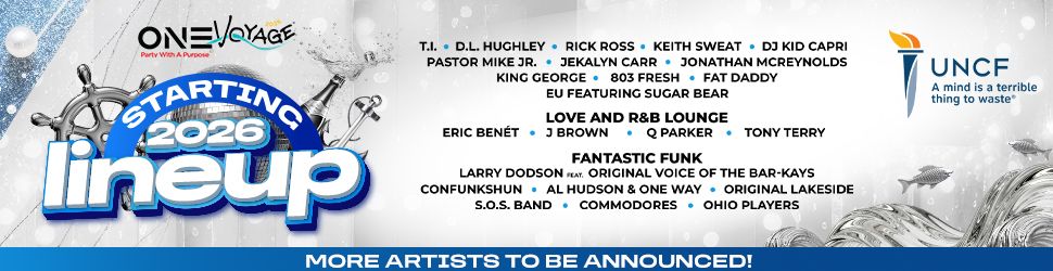 One Voyage festival lineup poster featuring musical artists performing in 2026, including T.I., D.L. Hughley, Rick Ross, Keith Sweat, DJ Kid Capri, and more.
