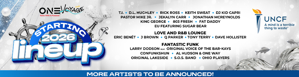 One Voyage music festival poster featuring lineup of artists performing in 2026, including DJ Kid Capri, Rick Ross, and Tony Terry.